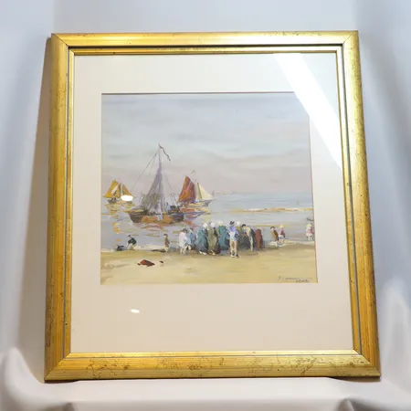 Tavla, Akvarell på papper, Okänd konstnär signerad F.S Her..... Daterad 1902, men målad senare, akvarell på papper, Kustmotiv med båtar och folksamling, motivmått 31x32cm, med ramen 57x50cm  Skickas med postpaket.