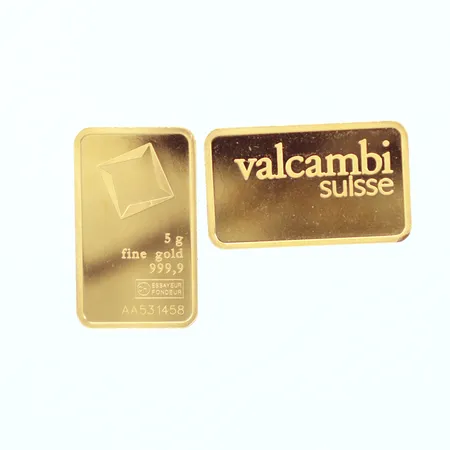 obs tillägg , öppnade plomberingar, 2 guldtackor Valcanbi, 999,9/1000,  5gr/st AA531459 / AA531458, inköpskvitto Guldcentrum Sverige AB Vikt: 10 g