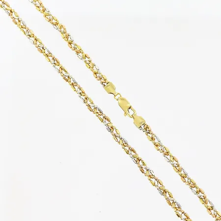 Collier, flätad, 44cm, bredd 3,5mm, gul/röd/vitguld, GHA, 18K. Vikt: 14,7 g