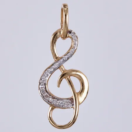 Hänge G-klav med sju små diamanter åttkantslipade, längd: ca 2cm, bredd: ca 8mm, GHA, 18K  Vikt: 0,6 g