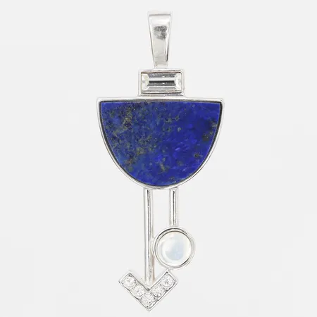 Hänge med lapiz lazuli, månsten samt vita stenar, höjd inkl. ögla: 53mm, bredd: 22mm, 925/1000 silver.  Vikt: 7,9 g