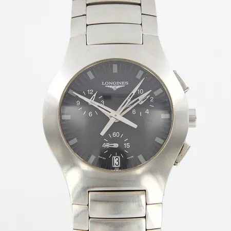 Armbandsur Longines Oposition, stål, quartz, 38mm, ref-nr. L3.618.4, serie-nr: 30535681, kronograf, datum, integrerad länk, inga tillbehör
