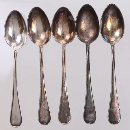 5 mockaskedar, längd 10,5cm, modell Svensk rund, GAB, 830/1000 silver Vikt: 46,2 g