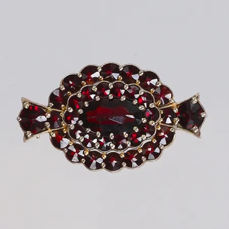 Brosch med granater, förgylld 30x17mm, stämplad VJ (Victor Janson) silver 925/1000 Vikt: 4,5 g