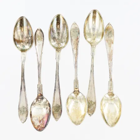 6 kaffeskedar, modell Svensk Spets, 111mm, gravyr, GAB, silver 830/1000. Vikt: 59,2 g
