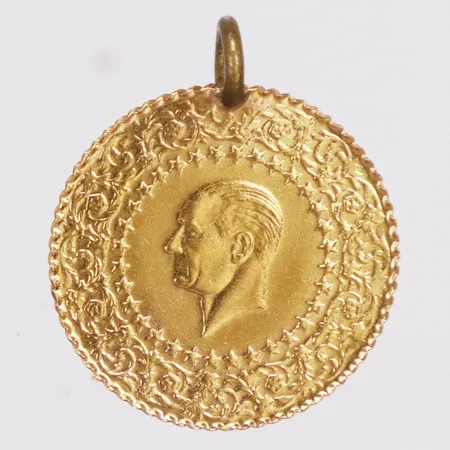 Hänge, mynt Attaturk år 2008, Ø18mm, ögla ej i guld, 21,6K, bruttovikt: 1,8g 