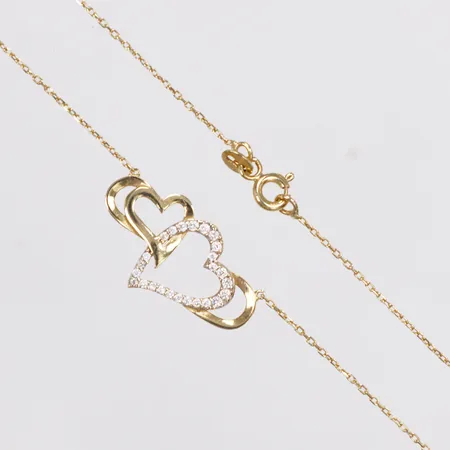 Collier, integrerat hjärtan, vita stenar, längd 44,5cm, bredd 0,6-14mm, 14K Vikt: 2,4 g