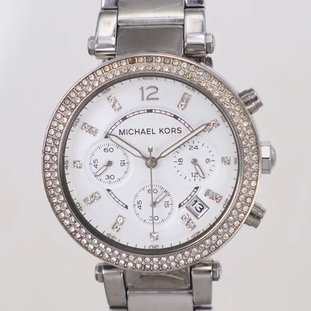 Damur Michael Kors,39,5mm,  quartz, kronograf, MK-5353, stål, Ø39mm, vita stenar, en sten saknas, stållänk, viklås, längd inklusive uret: ca 20cm, extra länkbitar, box.