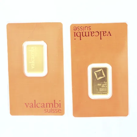 2 guldtackor Valcanbi, 999,9/1000,  5gr/st AA531459 / AA531458, inköpskvitto Guldcentrum Sverige AB Vikt: 10 g