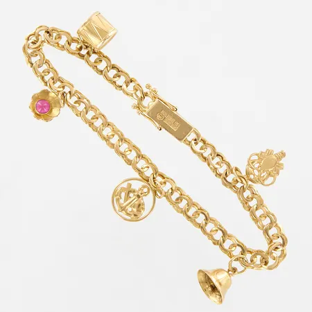 Armband Bismarck med fem berlocker, ca 19cm, bredd ca 5 mm, Dahlgren & Co i Malmö, 18K Vikt: 11,1 g