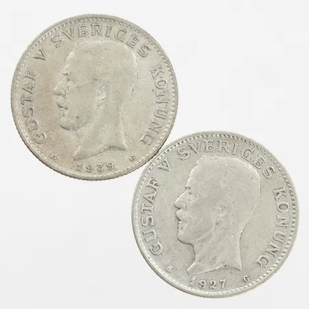 Två Mynt 1-kronor, år 1927 och 1939, silver 800/1000 Vikt: 15 g