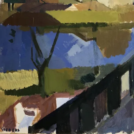 Tavla, motiv med hus, Willie Weberg (1910-1995), olja på duk, mått inklusive ram 63,5x77,5cm, tre mindre hål/märken i duk Skickas med postpaket.