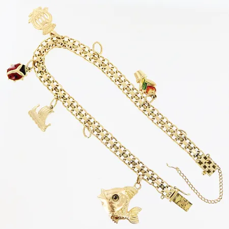 Armband X-länk, berlocker, 18,5cm, bredd 5mm, defekter, 2 berlocker i 14K, 18K. Vikt: 13,3 g