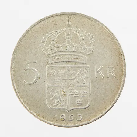 Mynt, 5 kr, Gustav IV Adolf Sveriges Konung, 1955, 600/1000 Silver Vikt: 18,3 g