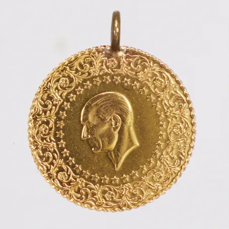 Hänge, mynt Attaturk år 2019, Ø18mm, ögla ej i guld, 21,6K, bruttovikt: 1,8g 