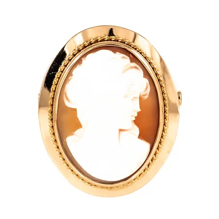 Brosch / hänge camé i 18K guld. Det är 25,5 x 31 mm exkl. infällbar ögla och väger 6,2g. Fint skick.