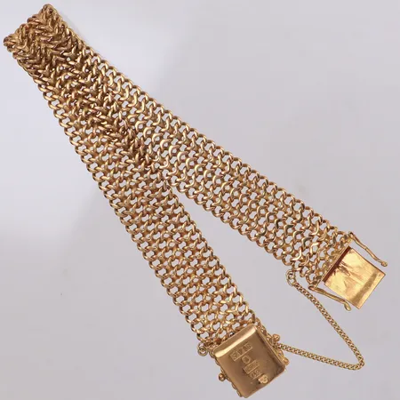 Armband, fiskbenslänk, 19cm, bredd: 14,7mm, säkerhetskedja i 14K, armbandet i 18K Vikt: 34,5 g