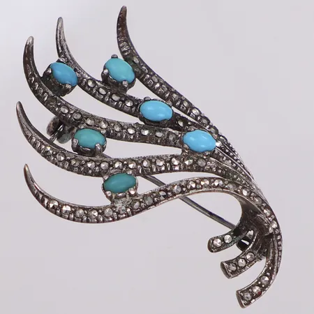 Brosch, turkosa stenar samt markasiter, 50x30mm, vissa stenar saknas, 835/1000 silver Vikt: 8,9 g