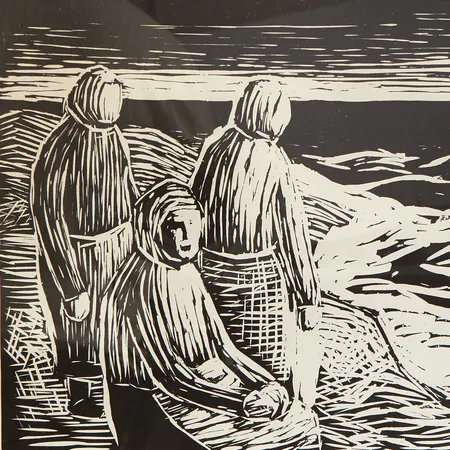 Två litografier/provtryck, Einar Emland, "Väntan på båten" Rammått: 50,5 x 44,5cm, "Dans på bryggan", Rammått: 54,5 x 46cm, signerade  Vikt: 0 g