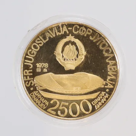 Minnesmynt Jugoslavien 2500 Dinara Josip Broz Tito 1979 Ø3mm, med etui samt certifikat, 21,6K (900/1000)  Vikt: 14,7 g