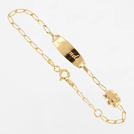 Armband, med elefant, med namnbricka, ca 15,5cm, gravyr, 18K Vikt: 2,9 g