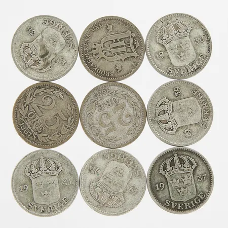 9 Mynt 25-öringar, silver 600/1000  Vikt: 21,2 g