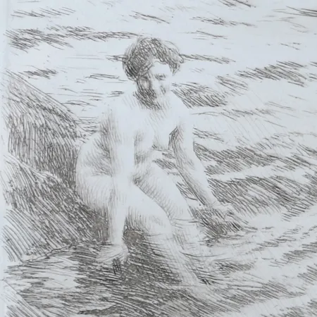 Tavla, etsning, Anders Zorn, "Vått", signerad med blyerts, daterad 1911, plåtstorlek 15,7x11,9cm, bristfällig montering. Litteratur: Asplund 240, Hjert & Hjert 260. Skickas med postpaket.