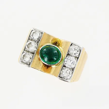 Ring, diamanter 6 x ca 0,15ct, grön sten, stl 16, bredd 4,5-11,5mm, lös/repig sten, 18K Vikt: 16,8 g
