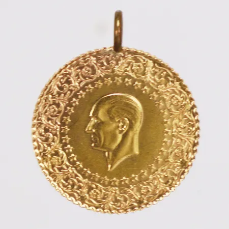 Hänge, mynt Attaturk år 2021, Ø18mm, ögla ej i guld, 21,6K, bruttovikt: 1,8g 