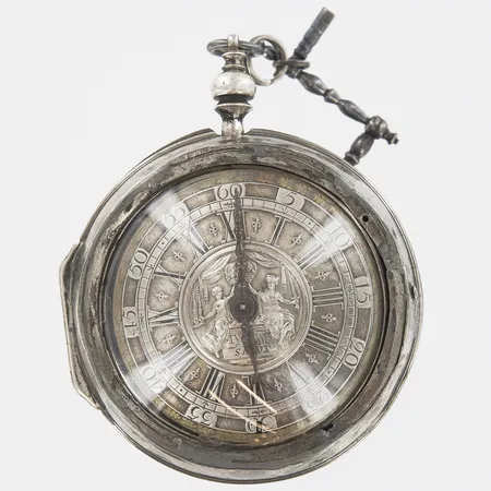 Fickur, Spindelgång, I Van De Sandt, Nyme Gen, 1700-tal, ytterboett och nyckel, skador och bucklor, senare delar, går ej, silver, bruttovikt 140,9g