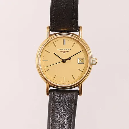 Damur Longines, 23mm, ref:L4.136.2, gravyr, serienr:27980807, går ej, batteribyte krävs, läderband.