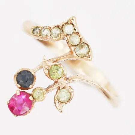Ring med flerfärgade stenar, stl: 14¾, bredd: 2-16mm, troligtvis storleksändrad, 14K guld.  Vikt: 1,7 g