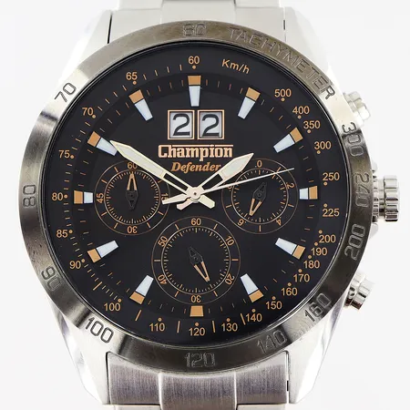 Herrur Champion defender, stål, quartz, Ø46mm, svart urtavla, ref nr C1064, stållänk ca 20cm, i behov av batteribyte, inga tillbehör.