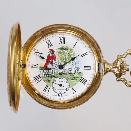 Fickur Lagonda Savonett Ø49mm, manuell uppdragning, gulmetall med kedja 