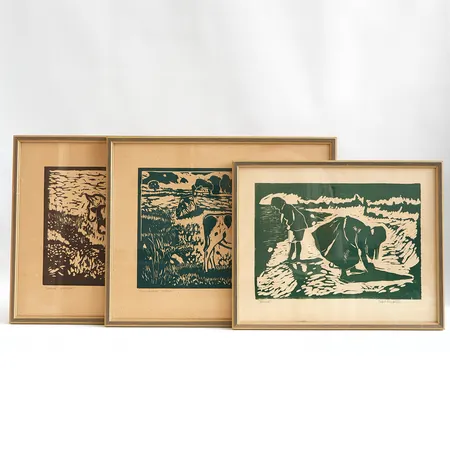 Tre litografier/provtryck, Sigfrid Bengtsson, "Strand" rammått: 29,5 x 36,5cm, "Kor i landskap" rammått: 40,5 x 33,5cm, "Lamm" rammått: 33,5 x 40,5cm, signerade i blyerts  Vikt: 0 g
