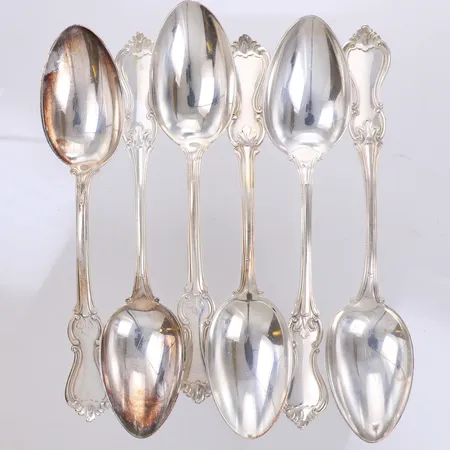 6 skedar modell Olga, Hallbergs, längd 18,3cm, 830/1000 silver Vikt: 294,2 g