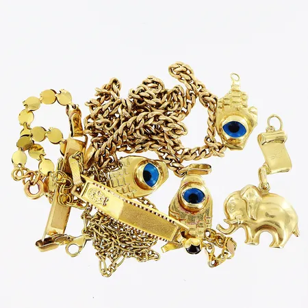 2 kedjor, 2 armband, 5 hänge, stenar, gravyr, defekter, 14K.  Vikt: 17,6 g