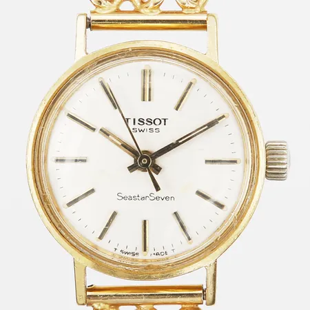 Damur Tissot, Seastar Seven, manuell, Ø22mm, armband X-länk, längd: 19cm, bredd: 11mm,  boett med personlig gravyr, 18K guld, bruksslitage, bruttovikt: 33,0g