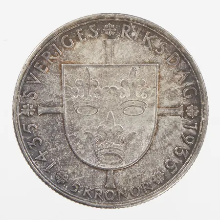 Mynt, 5kr, Gustaf V Sveriges Konung, Med folket för fosterland, 1435 Sveriges Riksdag 1935, 900/1000 Vikt: 25 g