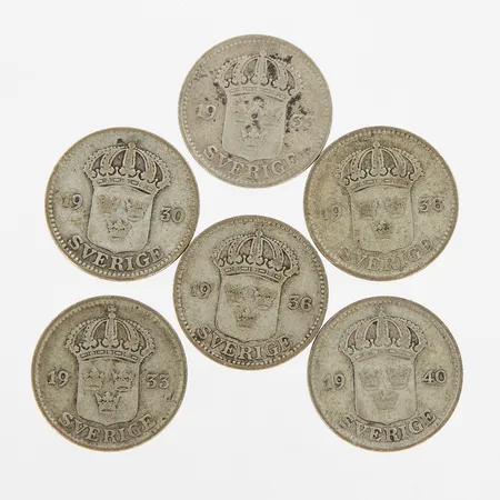 6 mynt, 25 öre, 600/1000 Silver Vikt: 14,2 g