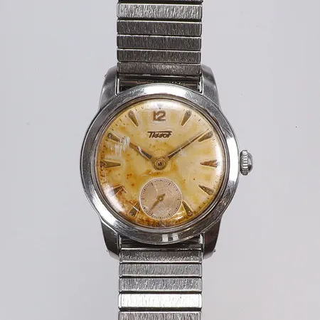 Herrur Tissot Ø35mm manuell uppdragning, solblekt/fuktskadad urtavla, ca 1950-tal, flexlänk, repigt glas 