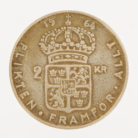 Mynt, 2 kr, Gustaf Adolf Sveriges Konung, 1964, 600/1000 Silver Vikt: 14 g