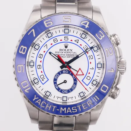 Herrur Rolex Yacht Master II, vit/stål, automatisk, ca Ø 44mm, ref: 116680, snr; 10T64165, stållänk, viklås, safirglas, ca 2015, tillbehör saknas