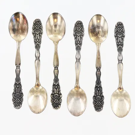 6 kaffeskedar, 98mm, GAB, silver 830/1000. Vikt: 46,5 g