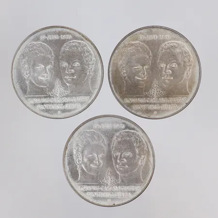 3st Minnesmynt, Ø36mm, Det Kungliga bröllopet, Konung Carl XVI Gustaf Drottning Silvia 19 Juni 1976, nominellt värde 50kr, Silver 925/1000  Vikt: 80,7 g