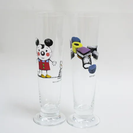 Två ölglas, Lasse Åberg, Mus med katt och Söt mus, höjd ca22,5cm