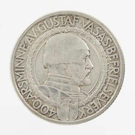 Jubileumsmynt, 400·ÅRSMINNE·AV·GUSTAF·VASAS·BEFRIELSEVERK, nominellt värde: 2kr, silver 835/1000 Vikt: 15 g