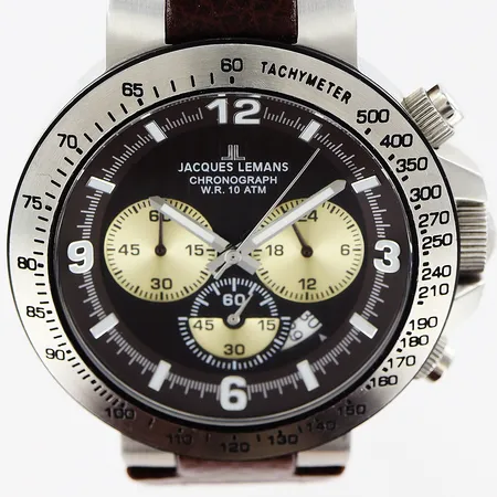 Herrur Jaques Lemans, stål, quartz, Ø45mm, ref nr 1-1485, kronograf, datum, sekundvisare, original läderband 25cm, i behov av batteribyte, inga tillbehör.