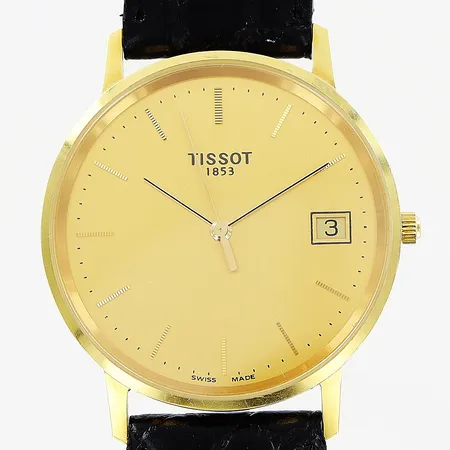 Herrur Tissot, 18K, quartz, Ø33mm, datum, sekundvisare, original läderband23cm, gravyr, i behov av batteribyte, bruttovikt 31g, etui.