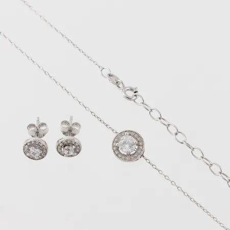 Collier med hänge + tillhörande örhängen, silver med stenar. Vikt: 3,2 g